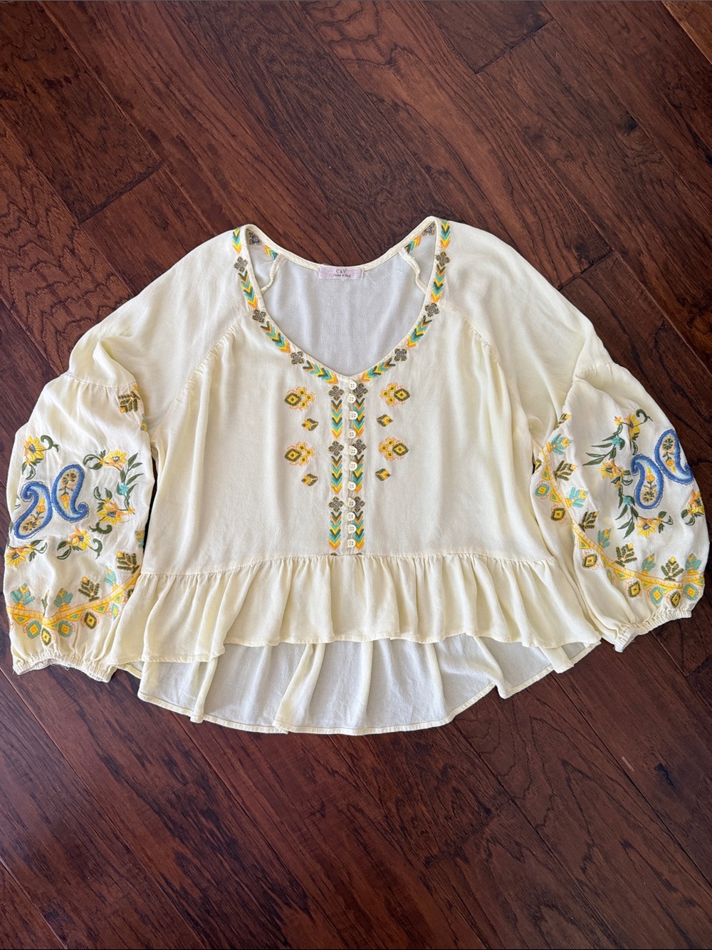 Chelsea & Violet Light Yellow with embroidery design flowy boho Top